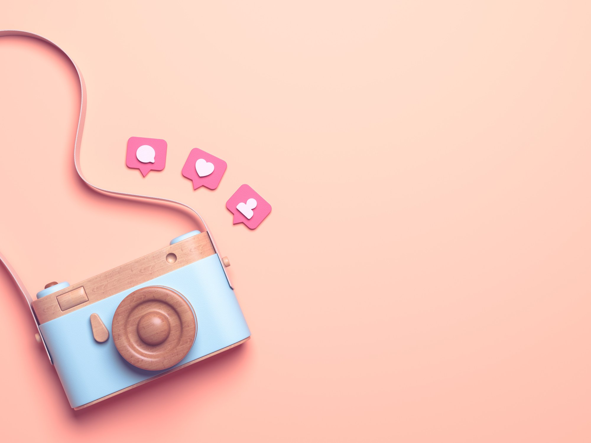 Vintage-wooden-photo-camera-with-Pin heart-friends-comment-post-icons