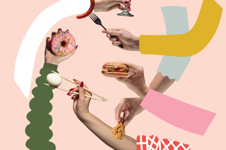 consumer-pr-shot-of-many-hands-holding-food-items-like-a-doughnut-or-burger.