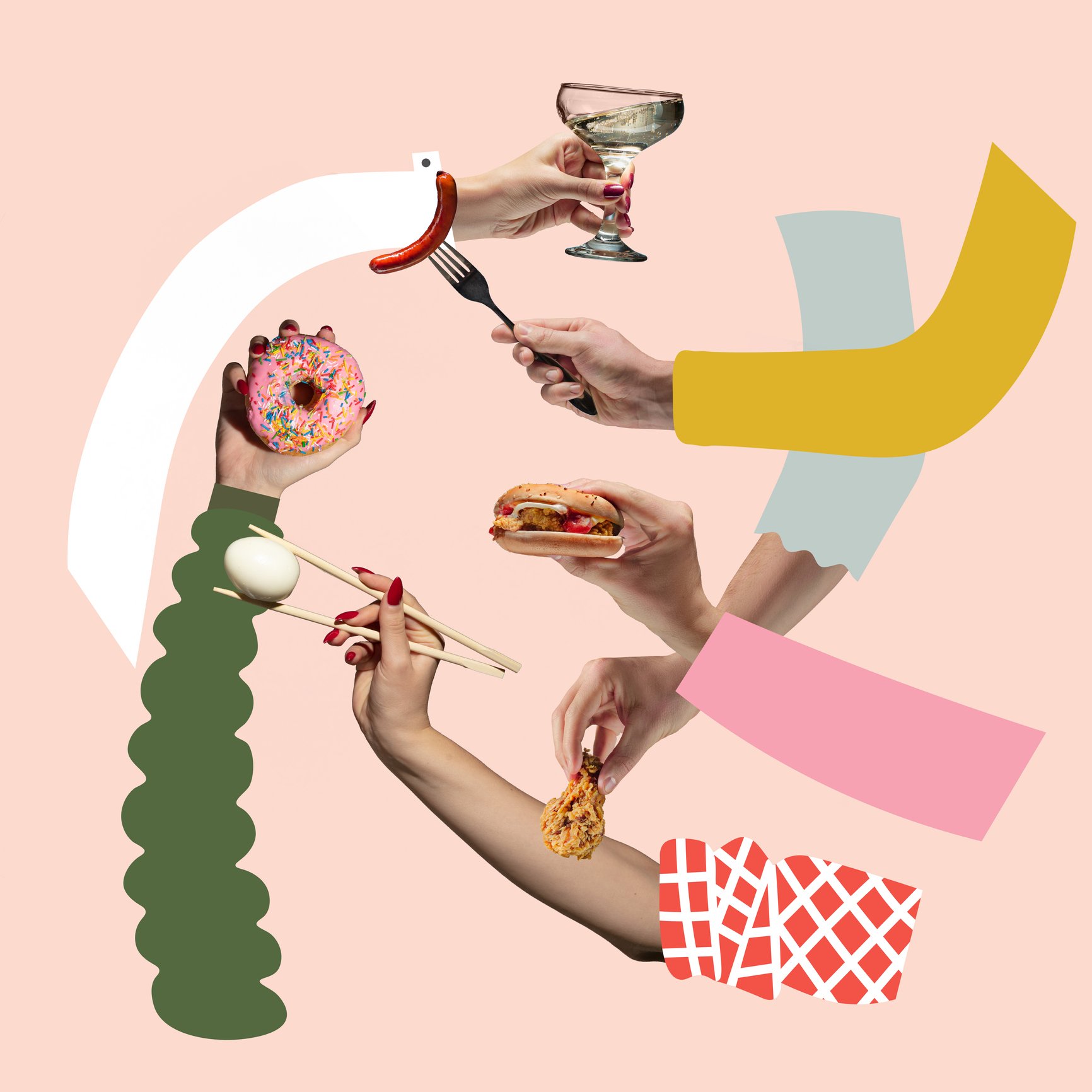 consumer-pr-shot-of-many-hands-holding-food-items-like-a-doughnut-or-burger.