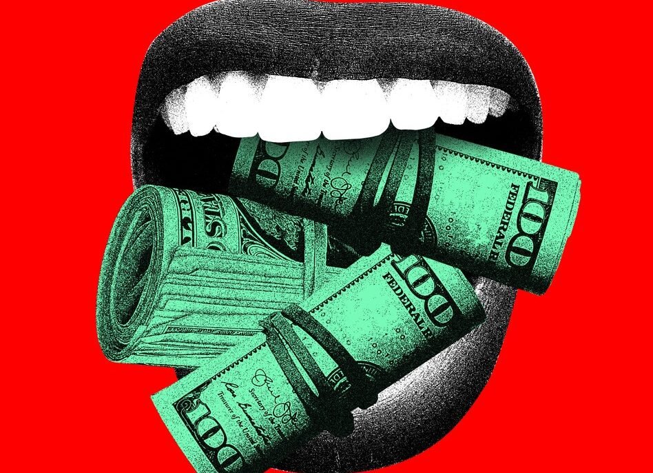 an-open-mouth-with-rolls-of-money-wedged-inside