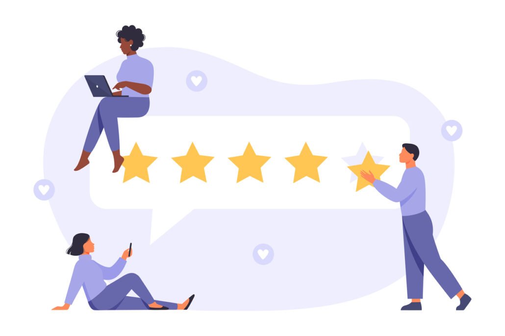 Five-review-stars-in-speech-bubble-with-cartoon-customers-surrounding-it