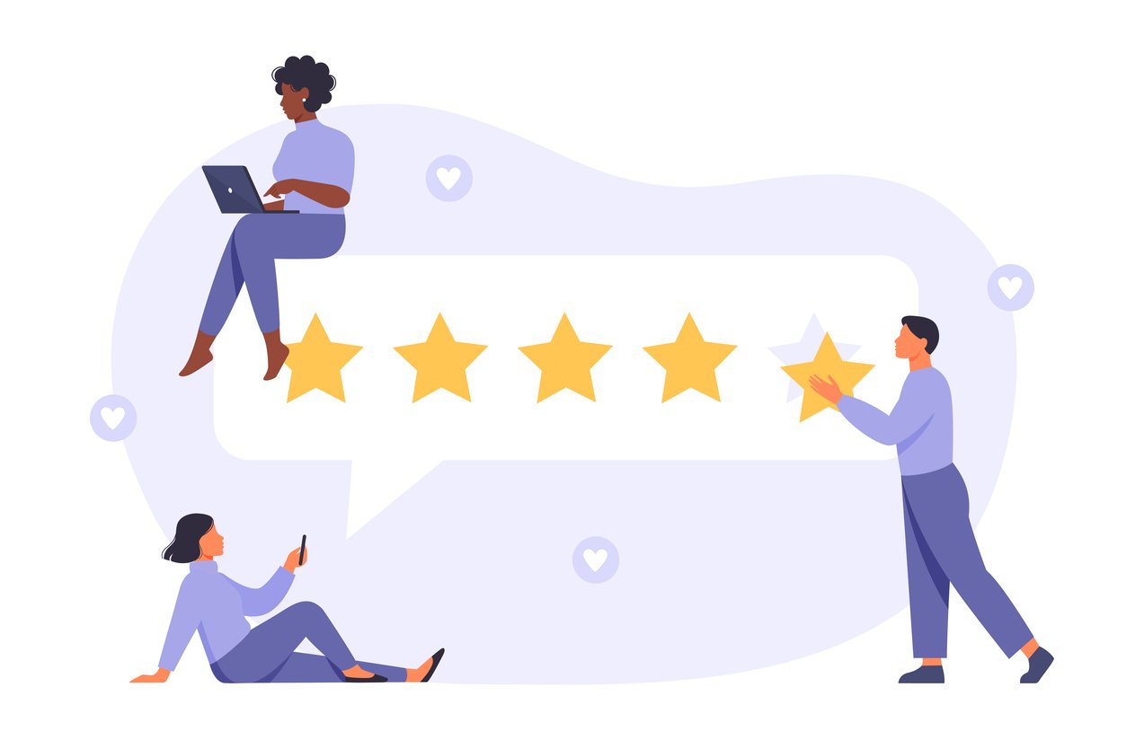 Five-review-stars-in-speech-bubble-with-cartoon-customers-surrounding-it