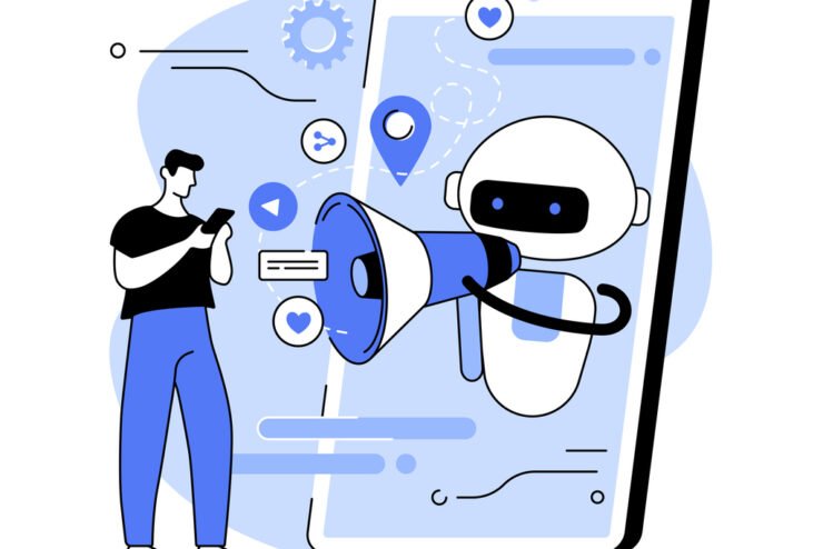 Artificial-intelligence-robot-in-giant-phone-talking-to-human-standing-outside-of-phone