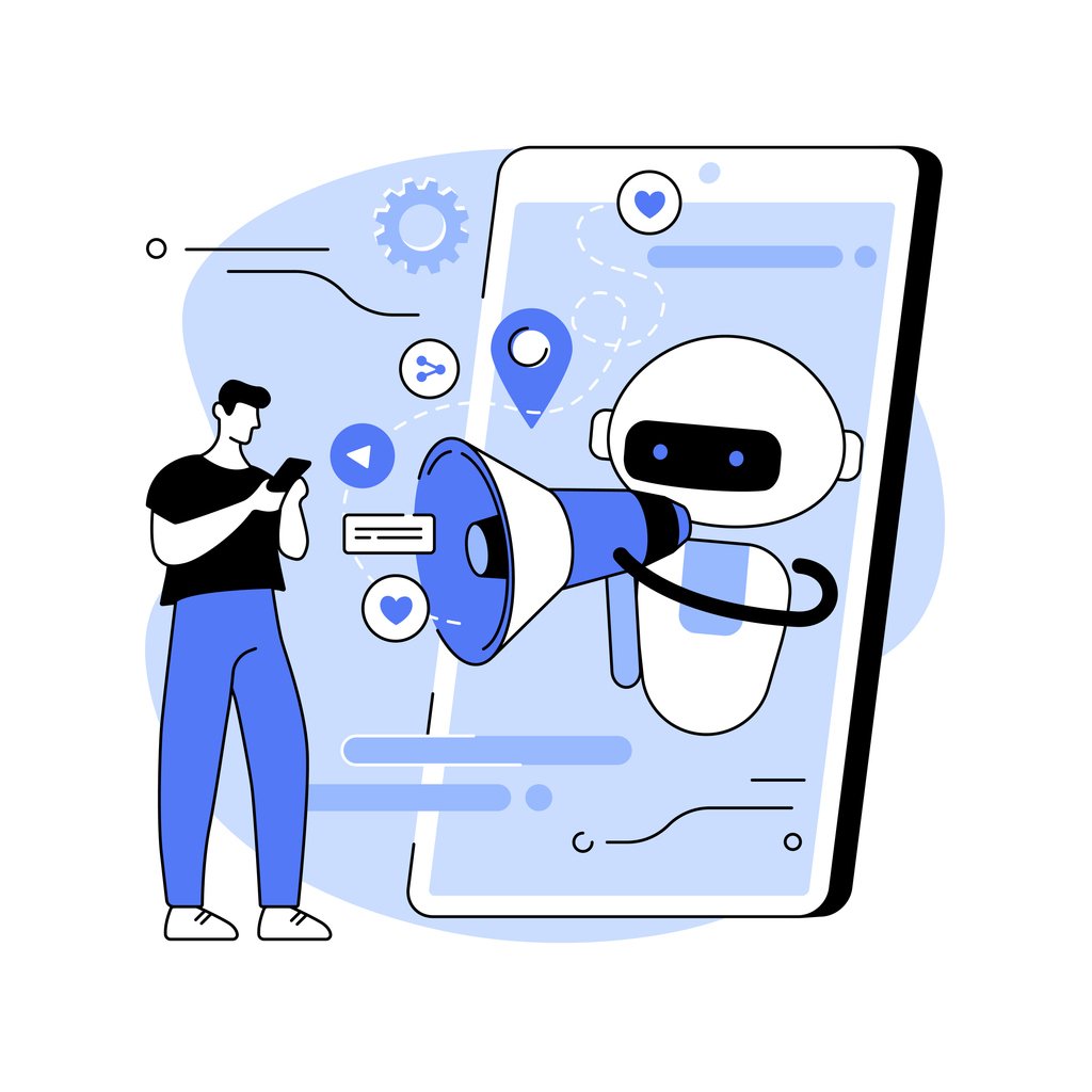 Artificial-intelligence-robot-in-giant-phone-talking-to-human-standing-outside-of-phone