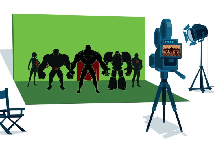 The-set-of-a-superhero-movie-with-the-leading-actors-in-front-of-the-camera-and-with-green-screen-behind-them.