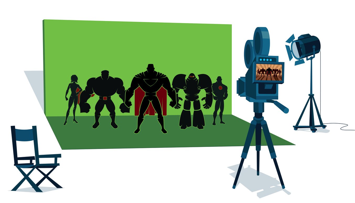 The-set-of-a-superhero-movie-with-the-leading-actors-in-front-of-the-camera-and-with-green-screen-behind-them.