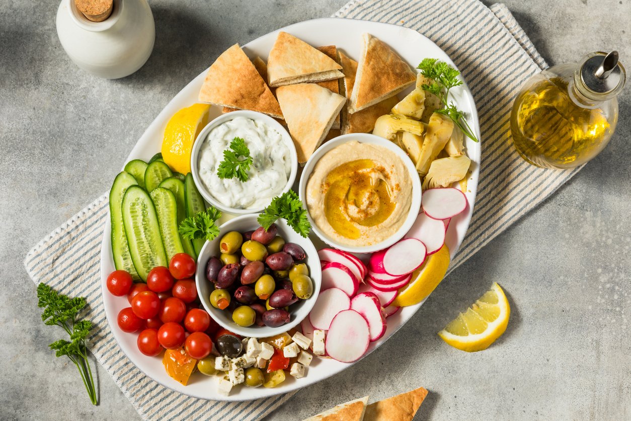 Homemade-Mediterranean-Mezze-Platter-with-Olives-Pita-and-Hummus