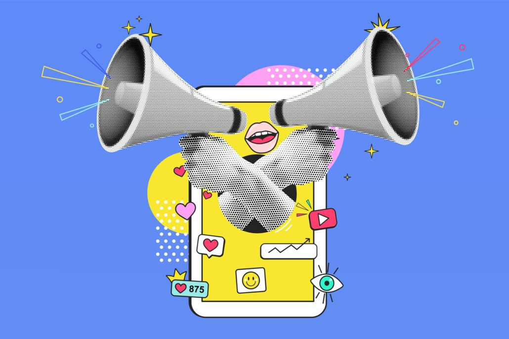 Collage-with-smartphone-and-loudspeaker-in-hands-news-and-advertising-retro-advertising-banner-in-pop-art-style