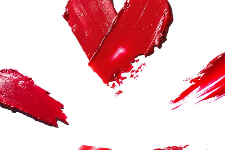 Vertical-poster-with-Red-heart-shaped-swatches-Red-lipstick-white background.