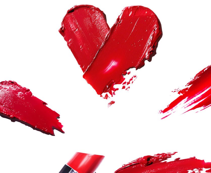 Vertical-poster-with-Red-heart-shaped-swatches-Red-lipstick-white background.