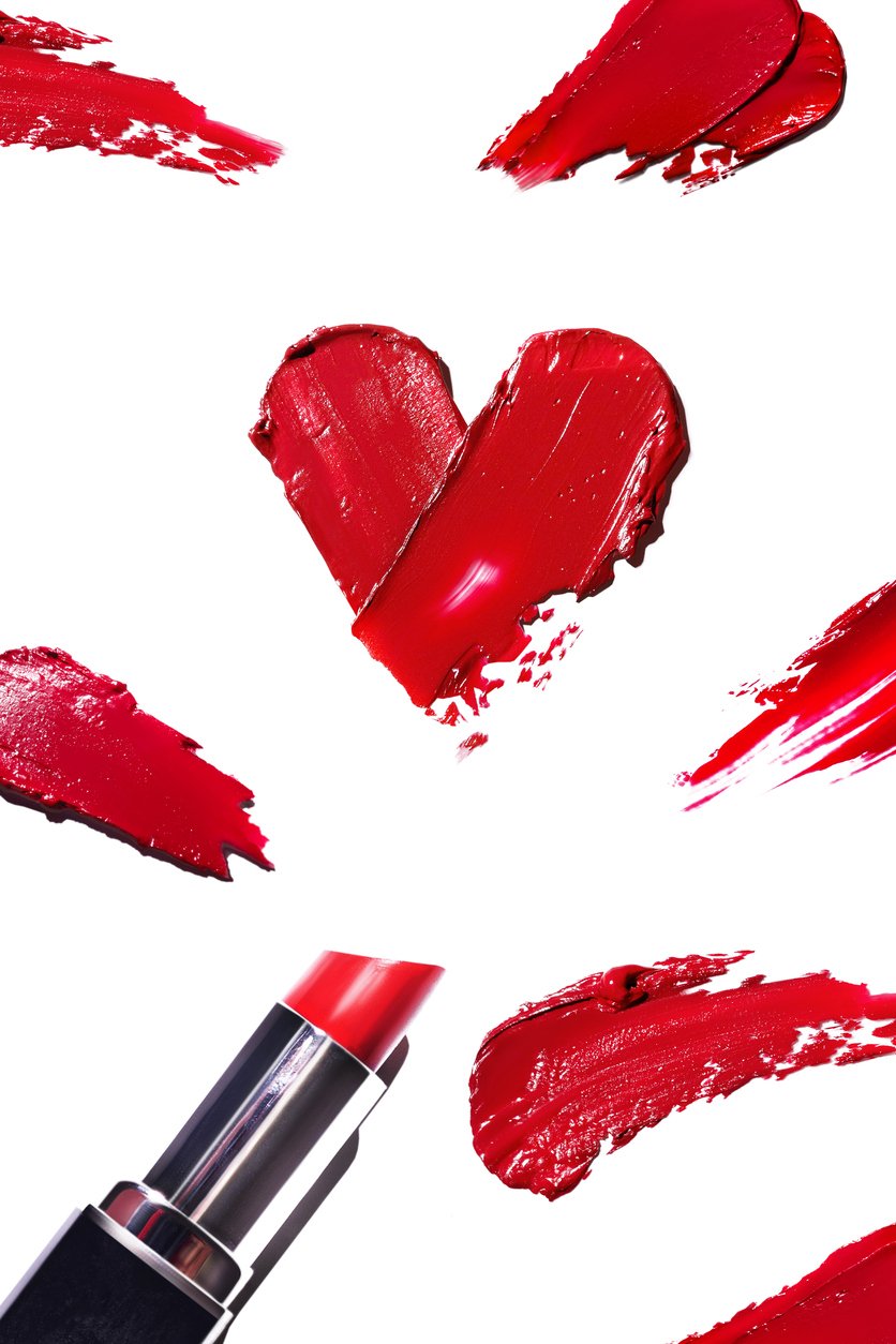 Vertical-poster-with-Red-heart-shaped-swatches-Red-lipstick-white background.