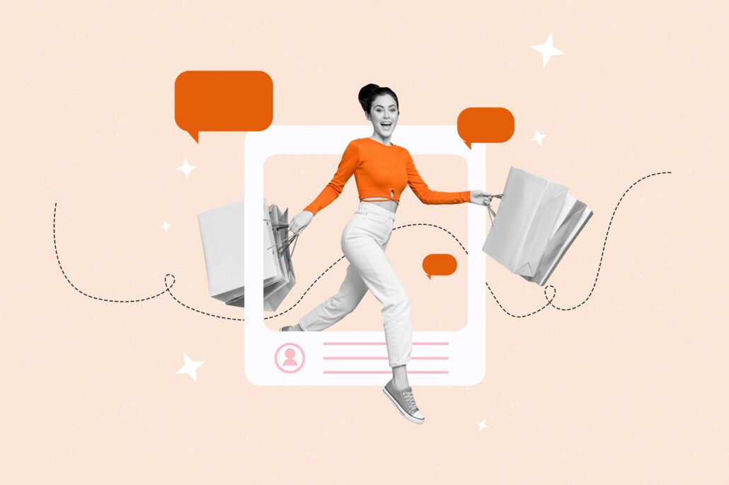 Social-commerce-trends-collage-woman-stepping-through-social-media-profile-holding-shopping-bags