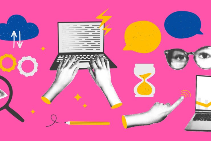 Trendy-halftone-collage-business-elements-Hands-working-on-laptop-signs-the-contract-rising-arrow-chart-technology-team-work-concept