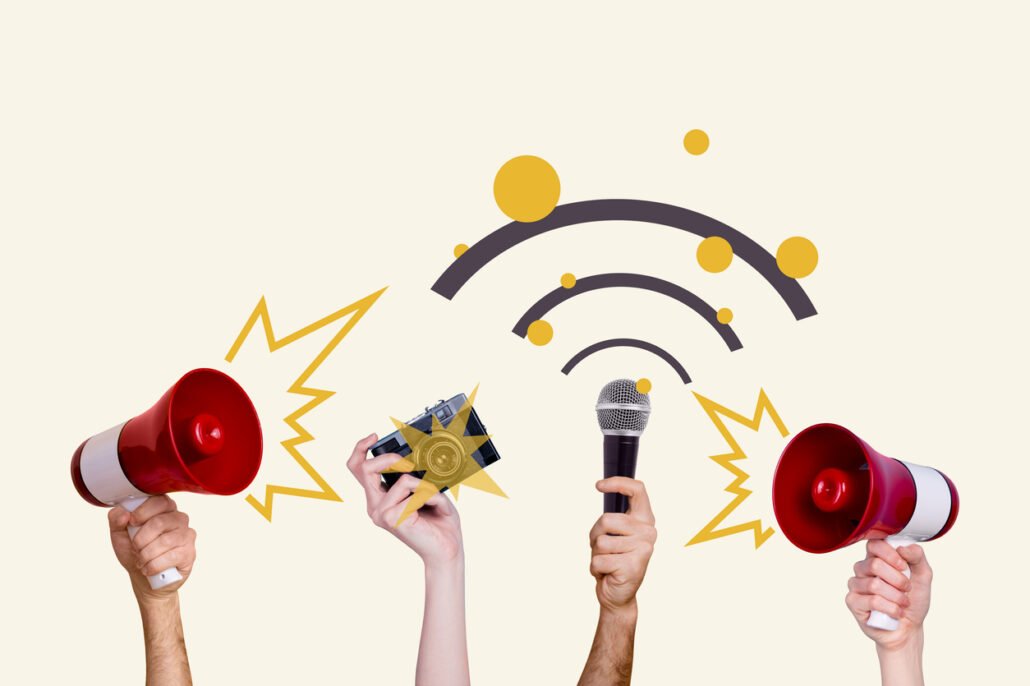 Composite-photo-collage-of-hands-hold-megaphone-microphone-devices-strike-wifi-stripes-vote-agitation-promo