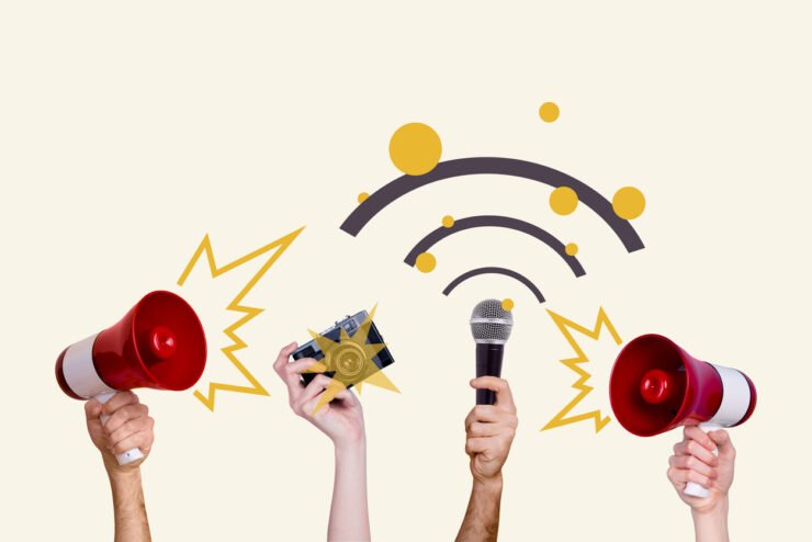 Composite-photo-collage-of-hands-hold-megaphone-microphone-devices-strike-wifi-stripes-vote-agitation-promo