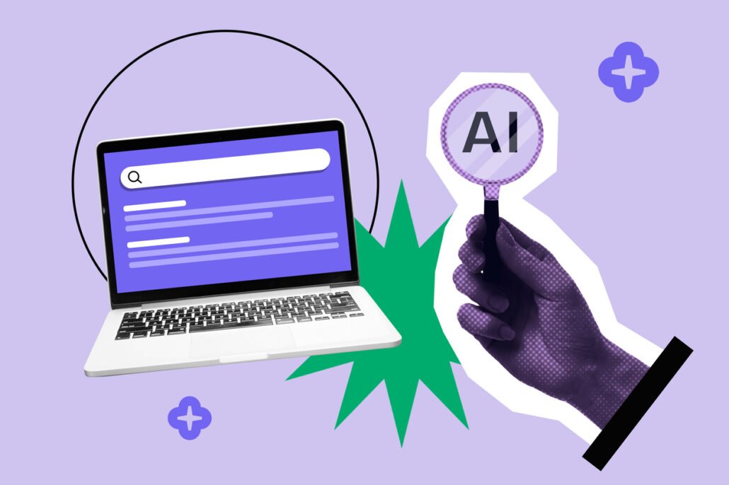 AI powered search engine interface concept, with magnifying glass and laptop showing search screen. Artificial intelligence surfing the internet for research and automation.